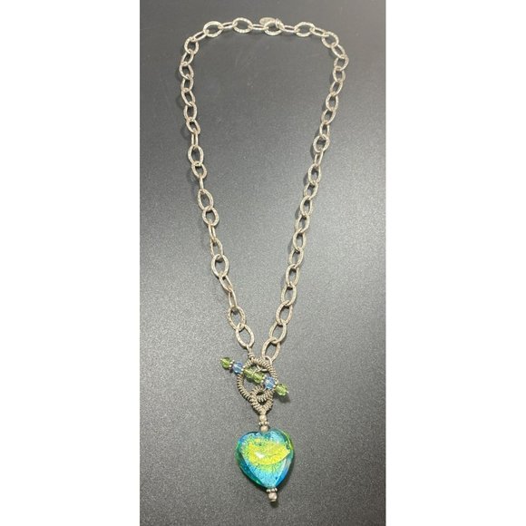 925 PEY Necklace Oval Hammered Link Puffy Heart Pendant Toggle Closure 17in - Picture 1 of 6